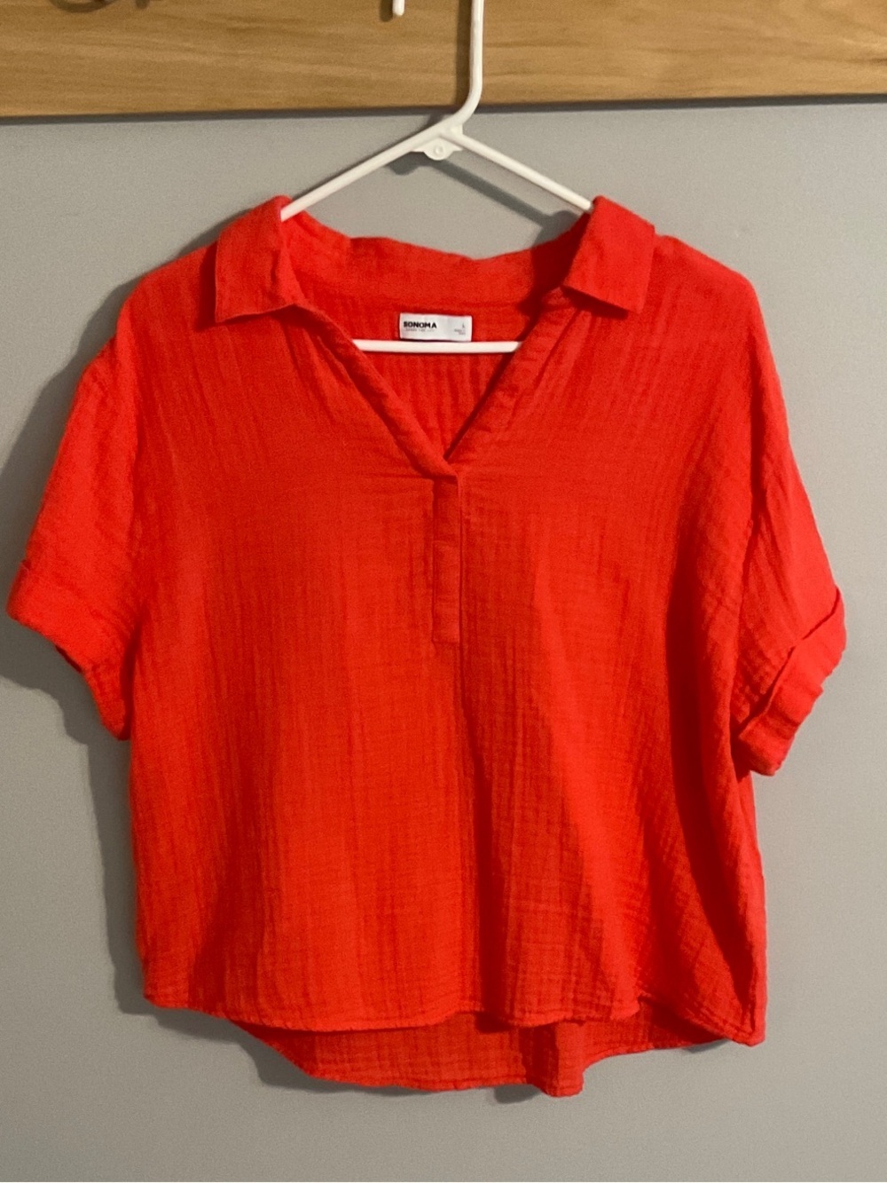 Sonoma Coral Crinkle Cotton V-Neck Collared Boxy Top - Large